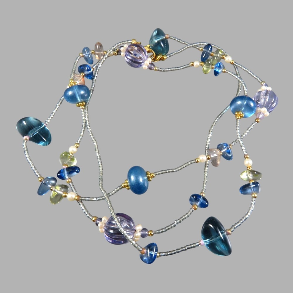 VTG BEADED NECKLACE Pastels Blue Purple Teal FAUX GLASS Gold Tone LIZ CLAIBORNE